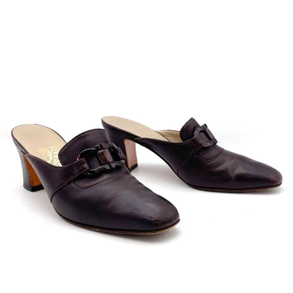 Vintage Salvatore Ferragamo Chocolate Brown Leather Square Toe Mules Size 8.5 - Picture 1 of 16